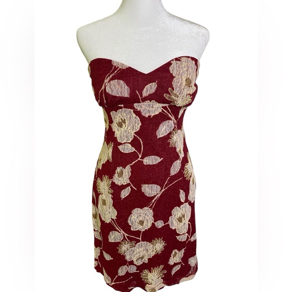 Mystic Vintage Bodycon Dress Women's Sz L Red Cream Floral Strapless Made in USA